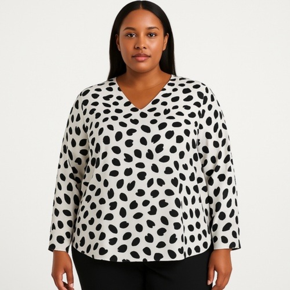 MELLODAY Women's‎ Black White Abstract Print V Neck Long Sleeve Top Plus Size 2X